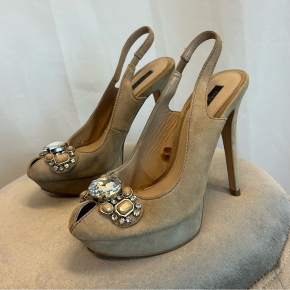 Zara beige tan brown suede gem jewelled embellished peep toe platform high heels - Picture 9 of 9